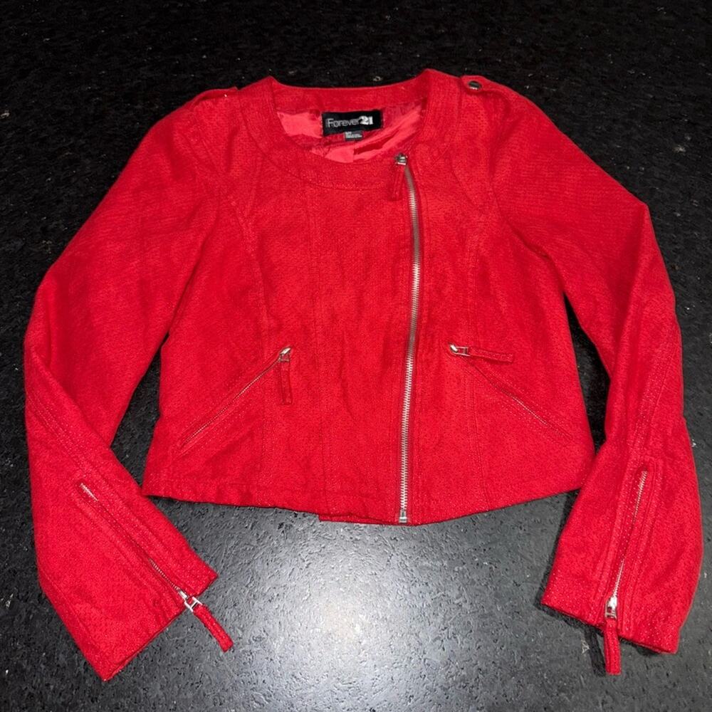 UEC Forever 21 Vibrant Red Perforated Bomber Jacket Silver zippers Fully lined S